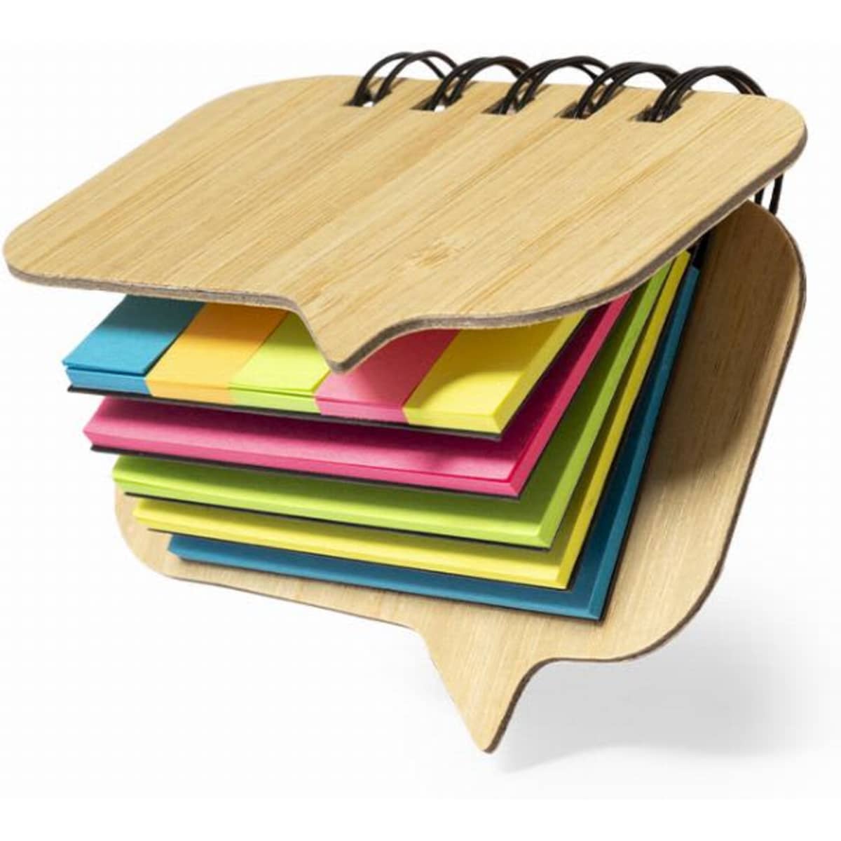 A notepad with a bamboo cover and colourful sticky notes in pink, yellow, and blue. It has a speech bubble design.