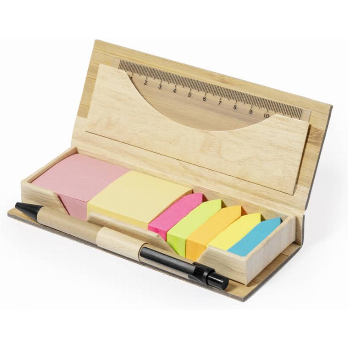A wooden stationery set containing a ruler, a pen, and various coloured sticky notes in pink, yellow, green, and blue.