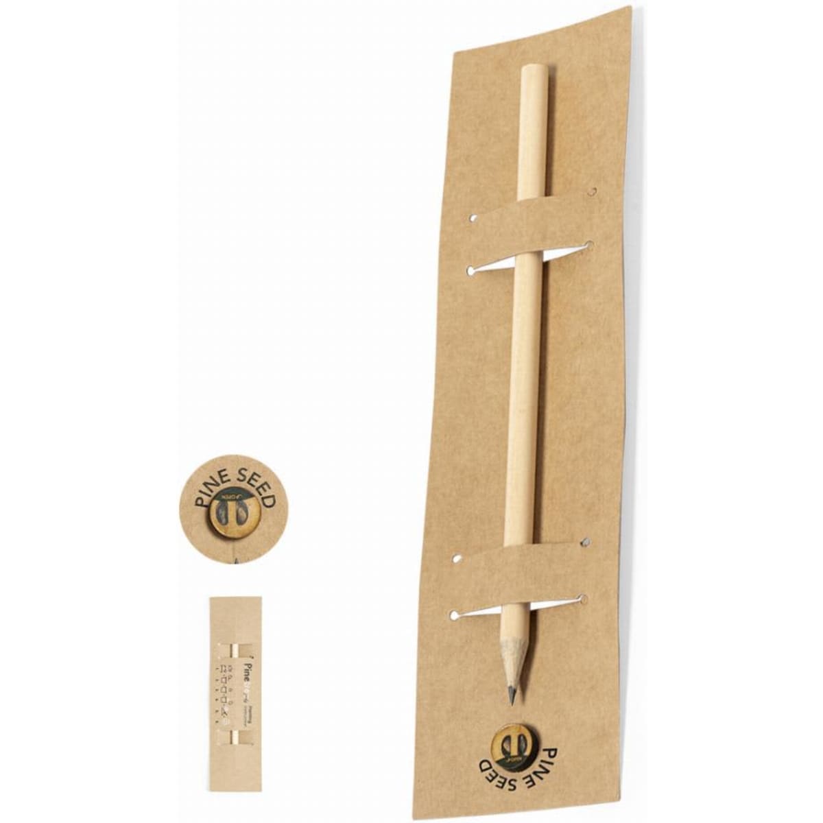 A grey-lead pencil displayed on a kraft paper card, featuring a round logo and presented with a natural aesthetic.