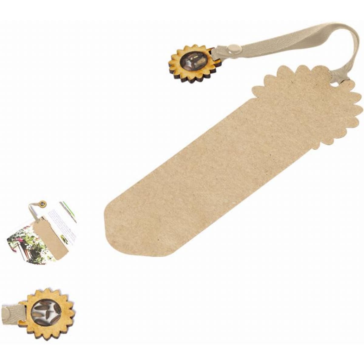 A bookmark featuring a natural brown finish with a decorative flower-shaped embellishment and a ribbon attachment.
