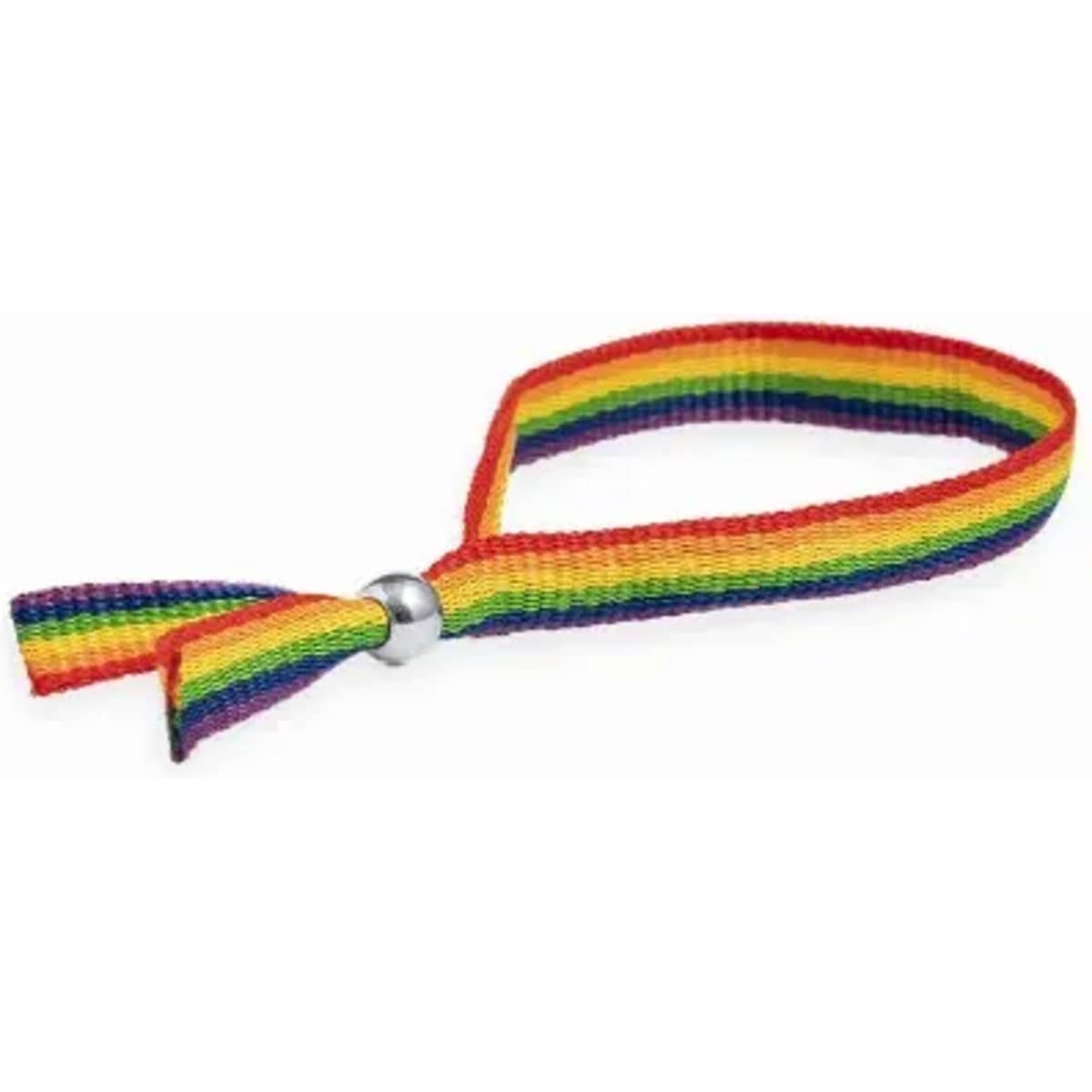 A woven rainbow friendship bracelet featuring vibrant stripes of red, orange, yellow, green, blue, and purple.