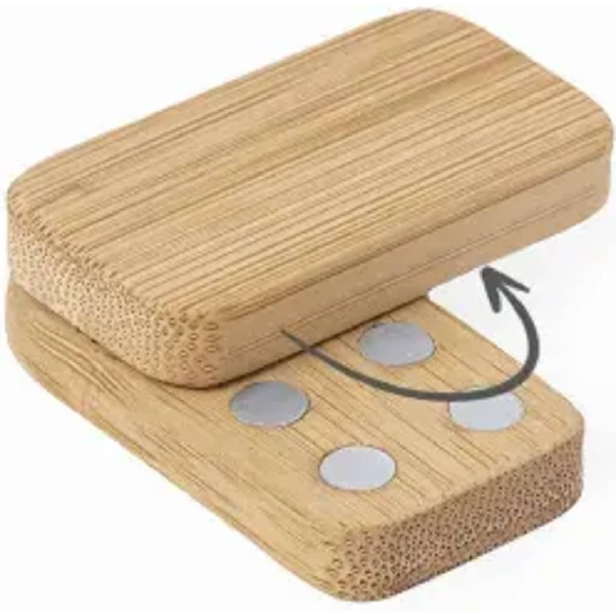 A bamboo product featuring two pieces with a magnetic closure and four silver discs on the top piece.