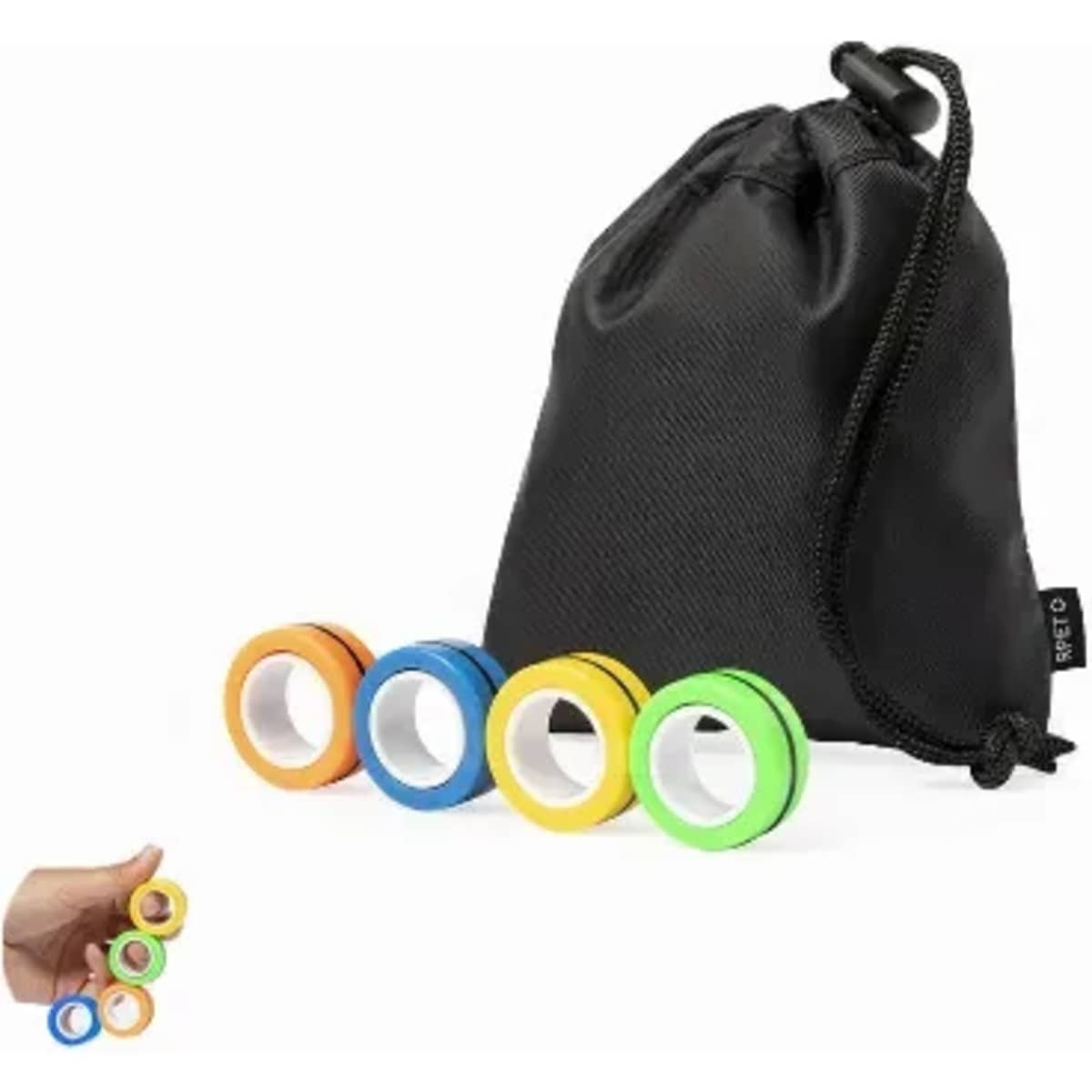 A set of four coloured rings in orange, blue, yellow, and green, accompanied by a black drawstring pouch.