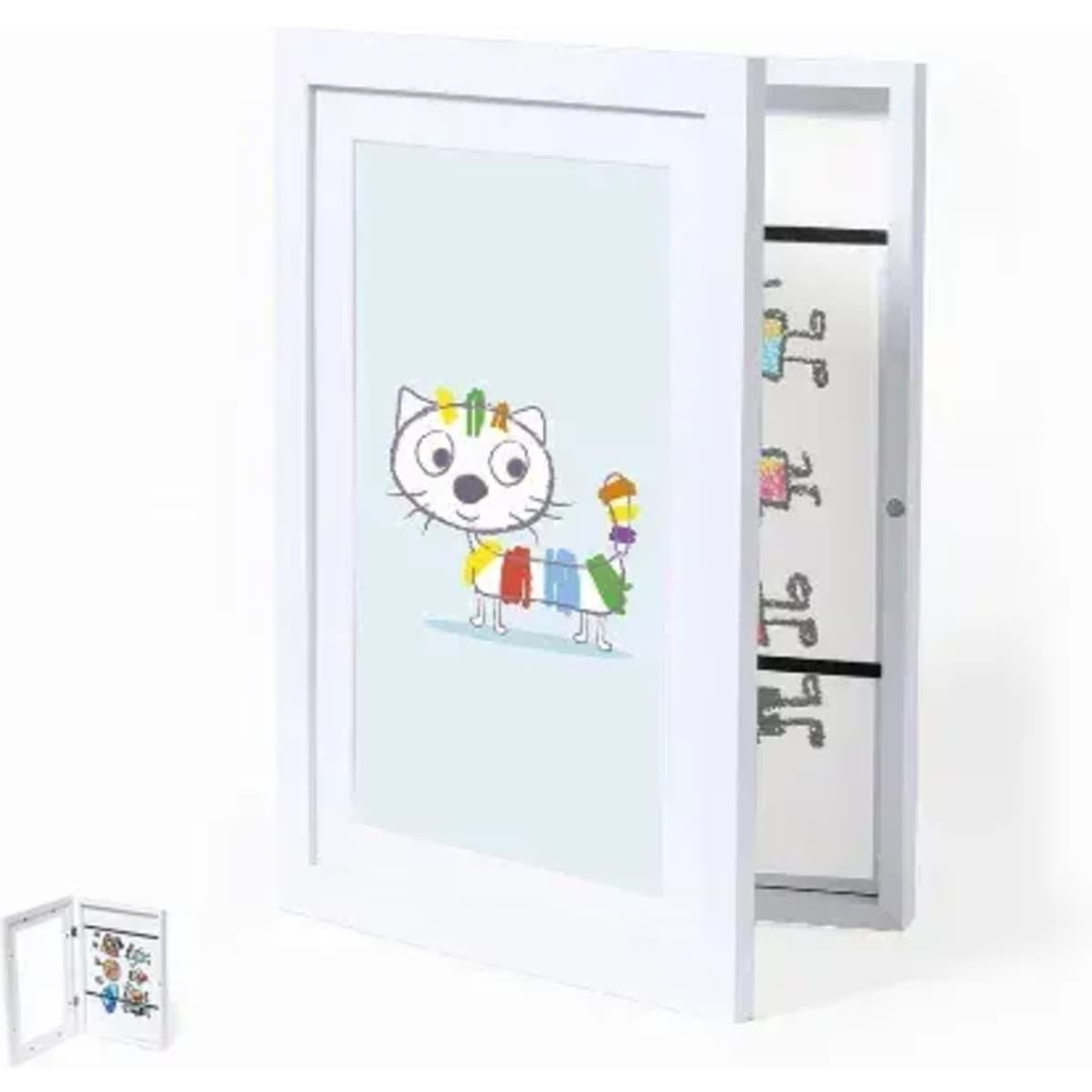 A photo frame displaying a whimsical illustration of a cat with various coloured gifts. The frame is white and hinged.