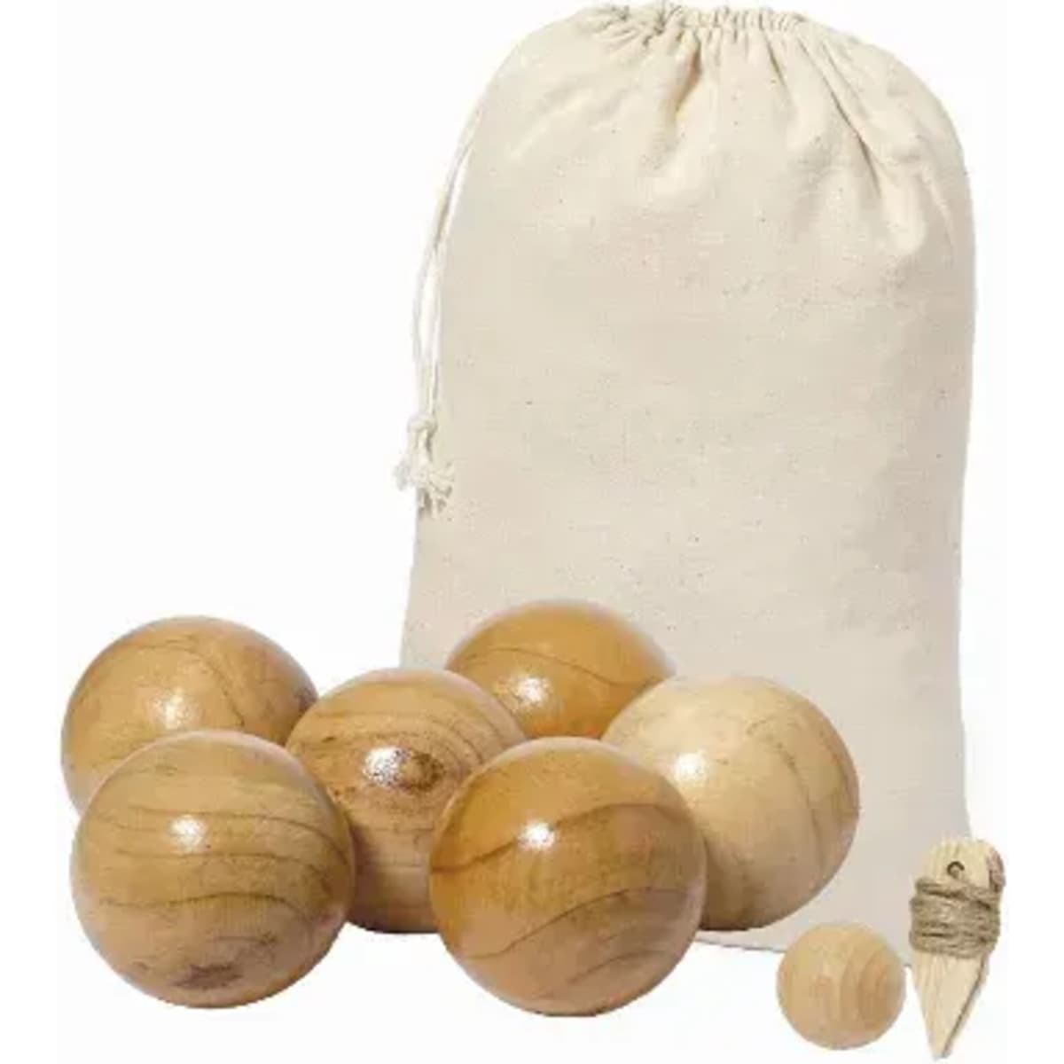 A set of wooden balls in various shades of brown, accompanied by a beige fabric bag and a small wooden peg.