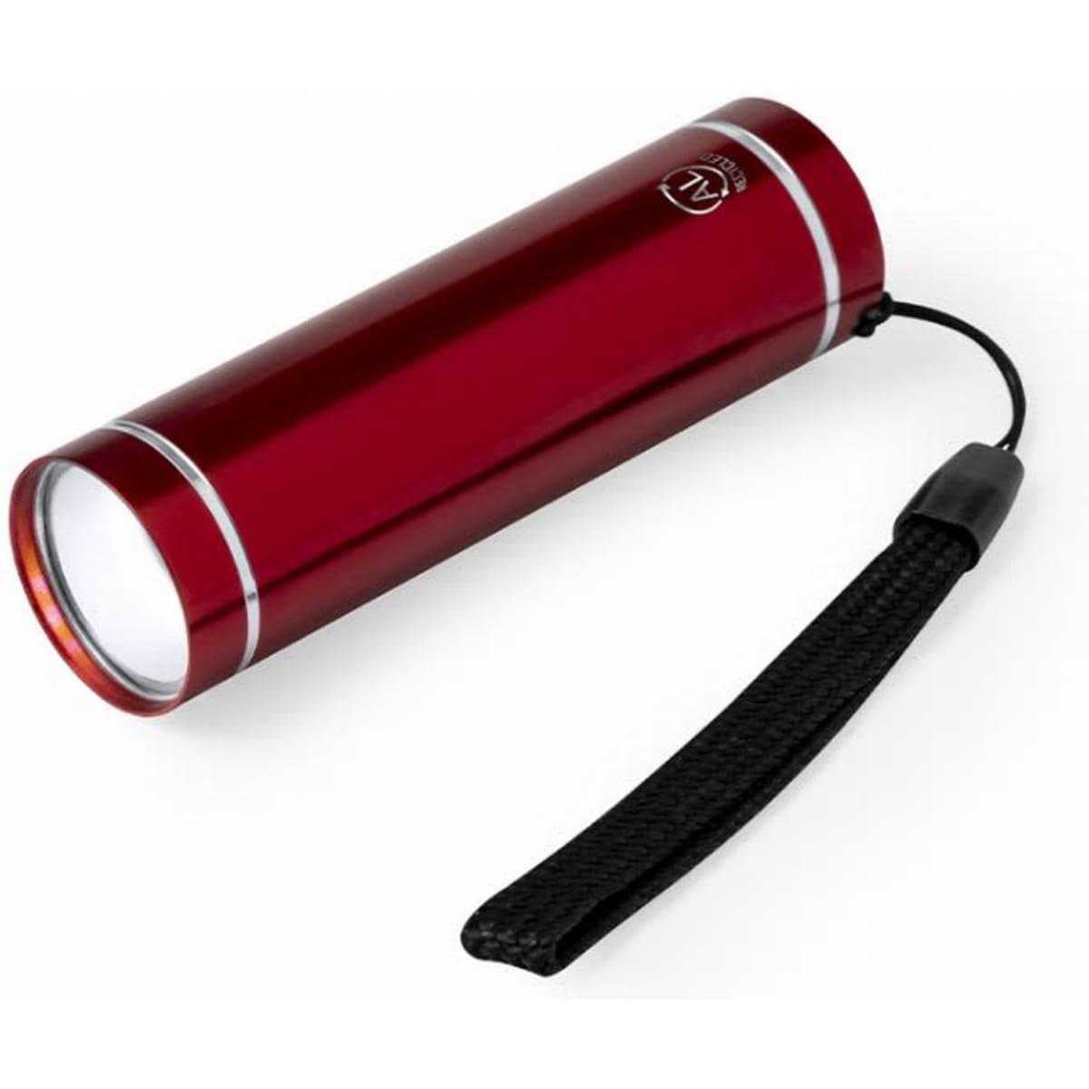 A red flashlight with a wrist strap, featuring a metallic finish and a bright light at one end.