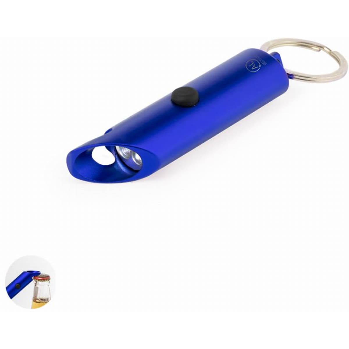 A blue keychain bottle opener with a built-in light and a keyring attachment.