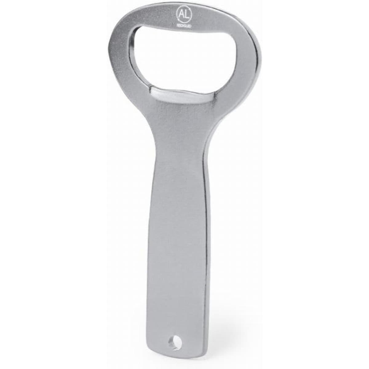 A bottle opener with a shiny silver finish, featuring a classic design and an ergonomic handle.