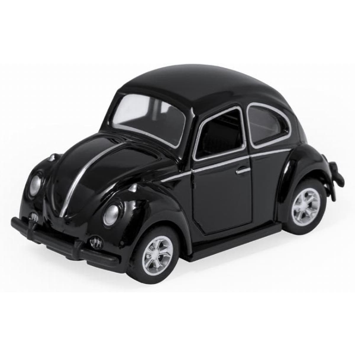 A black model car with a classic design, featuring silver accents and detailed wheels. It has a shiny finish and a rounded shape.