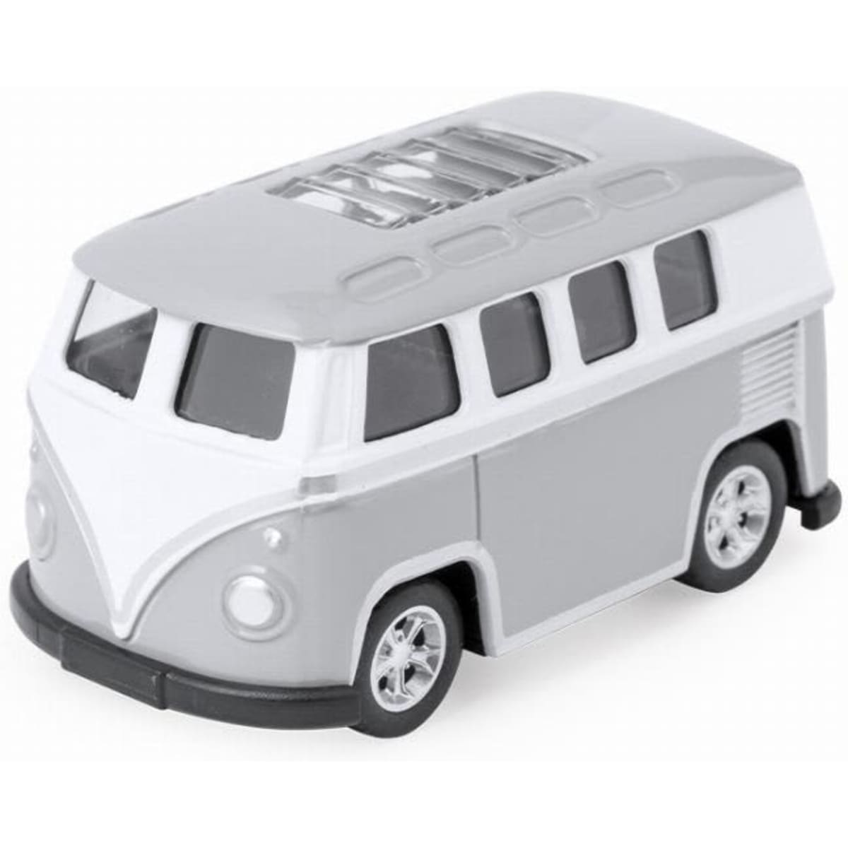 A toy model of a vintage van in grey and white, featuring detailed windows and wheels, with a branding logo.