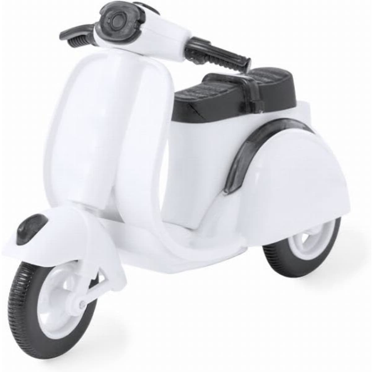 A white toy scooter with black detailing, featuring handlebars and a seat, designed as a novelty item.