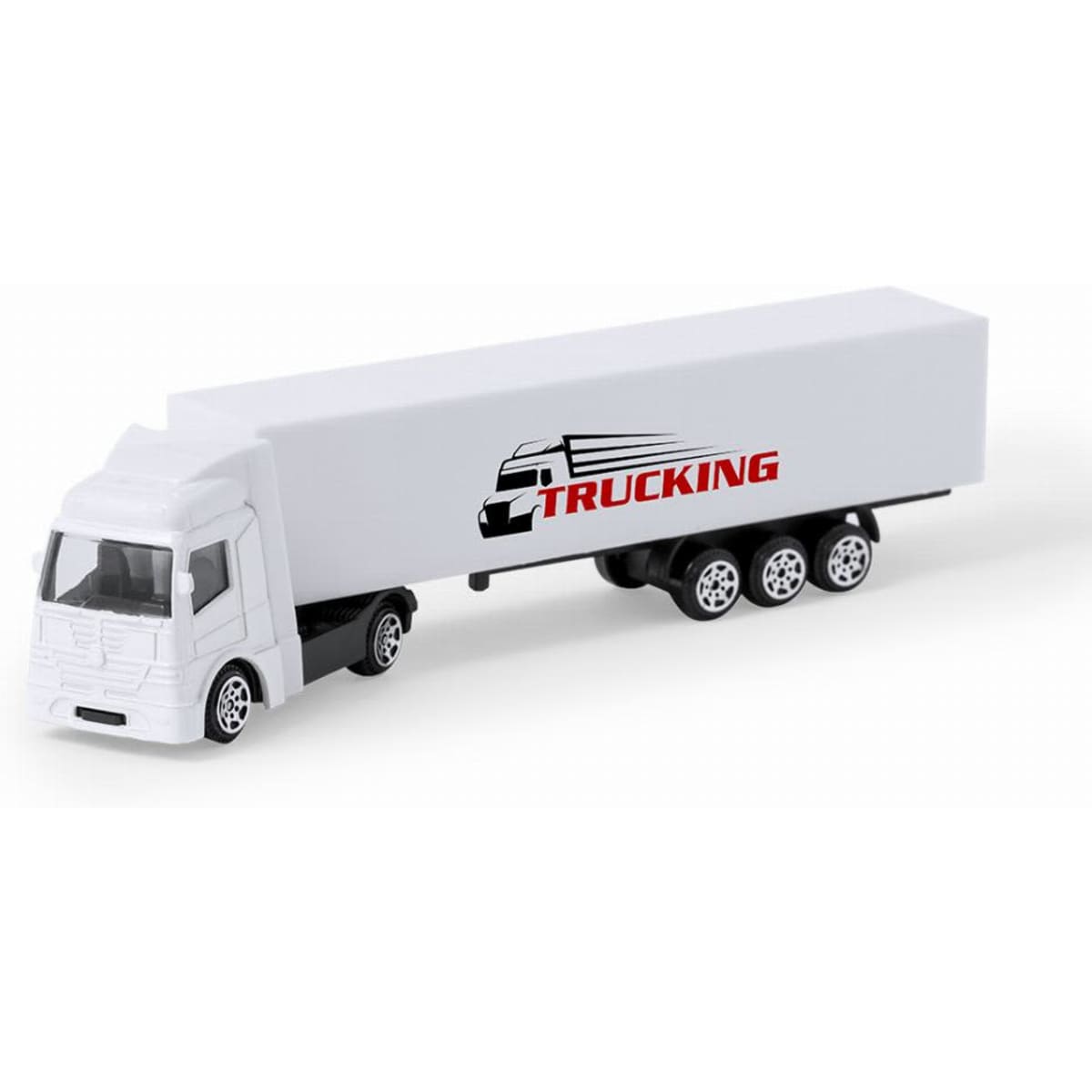 A toy truck in white and black, featuring a branded trailer, designed as a novelty item.