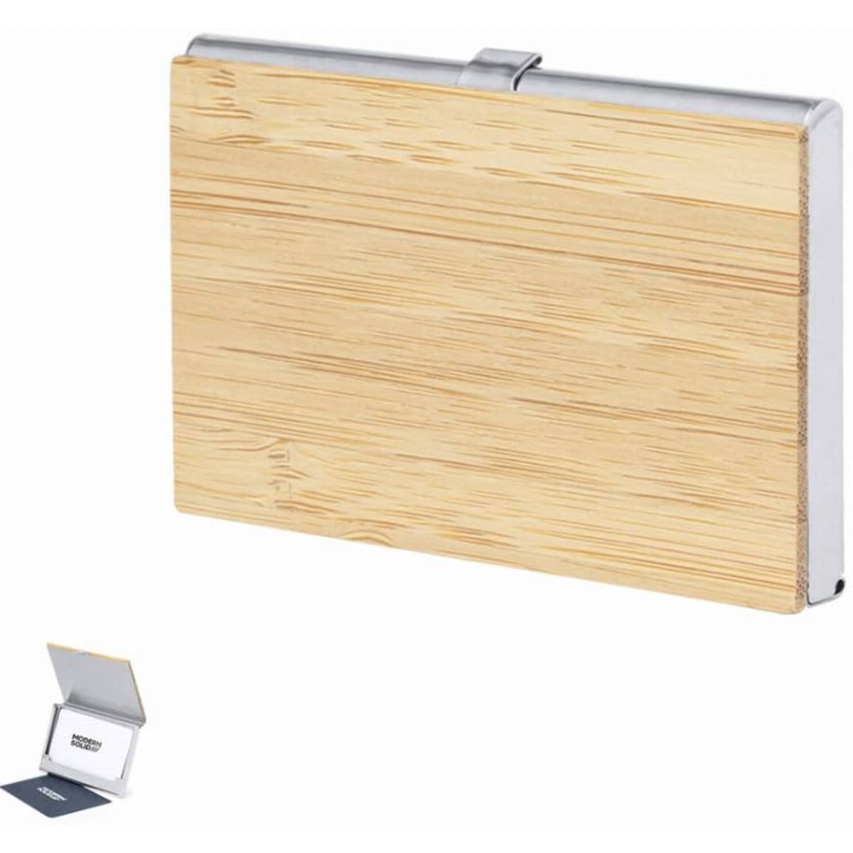 A business card holder with a bamboo exterior and metal accents, featuring a sleek, rectangular design.
