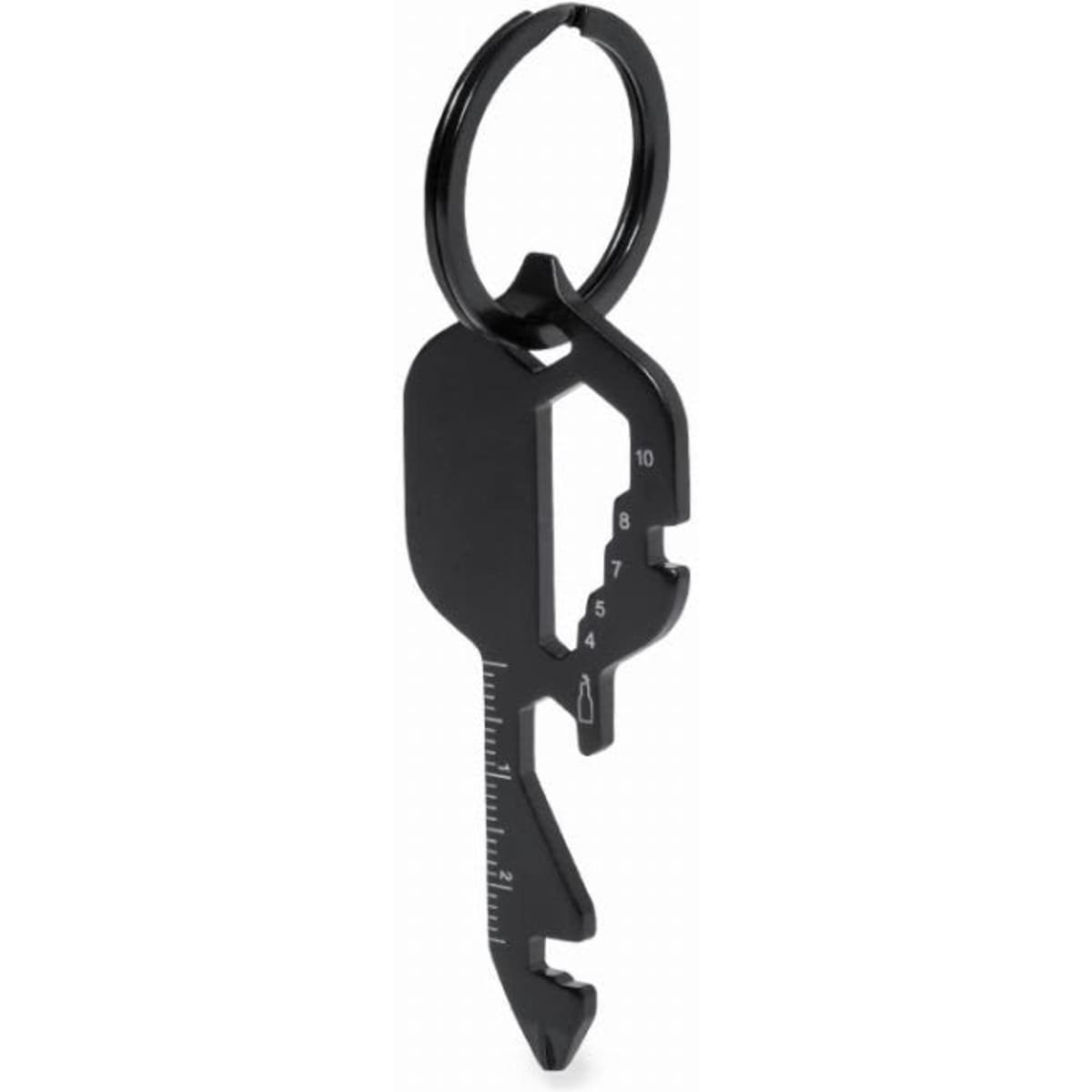 A black keyring tool with multiple functions, featuring measurement markings and a ring for attachment.