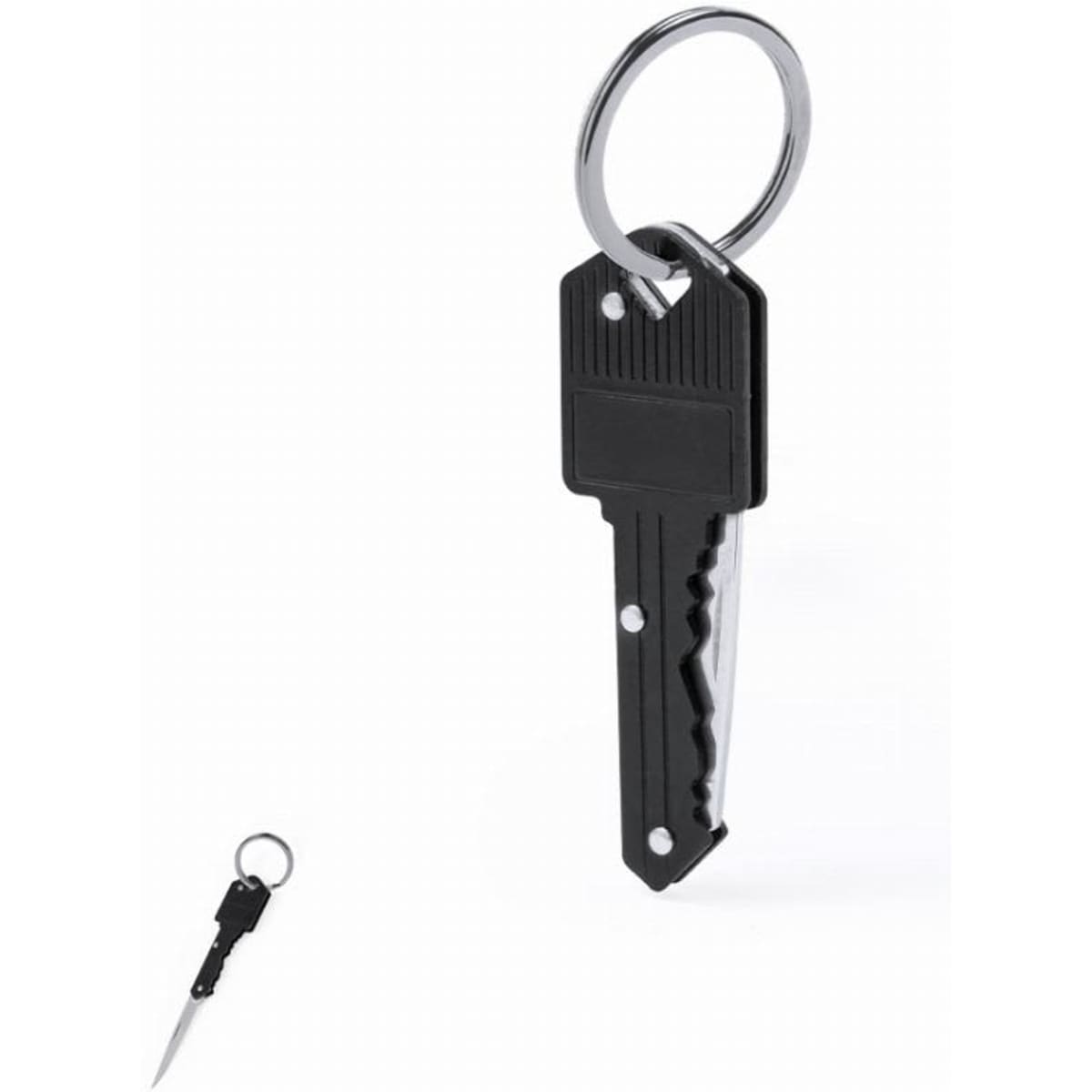 A black key-shaped bottle opener with a keyring attachment. The design includes jagged edges and a flat end.