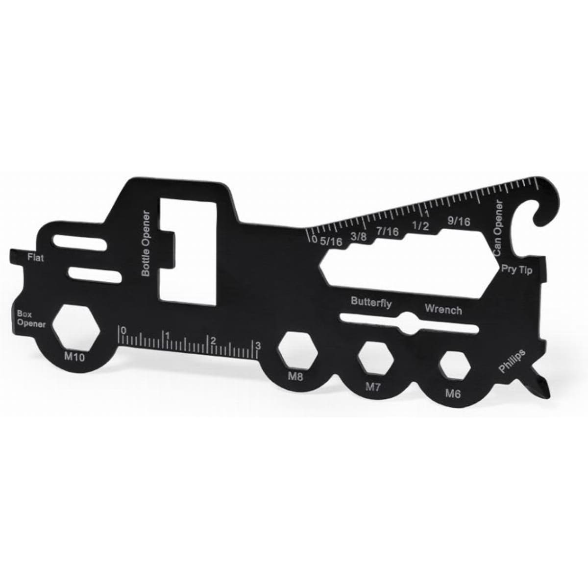 A multifunctional black tool in the shape of a truck features measurement markings, a bottle opener, and a wrench.