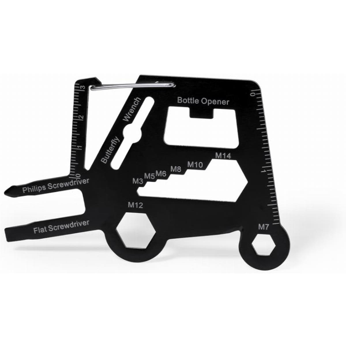 A multi-tool measuring device in black, featuring various tools like a bottle opener, screwdrivers, and a wrench.