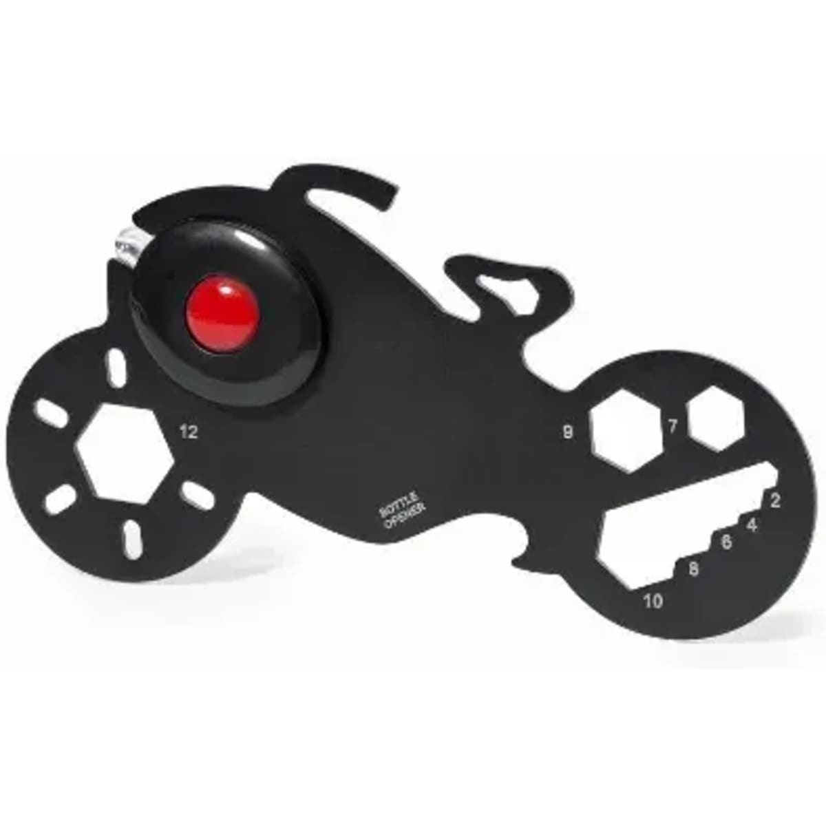 A black multi-tool shaped like a motorcycle, featuring various hex and screw sizes and a red button.