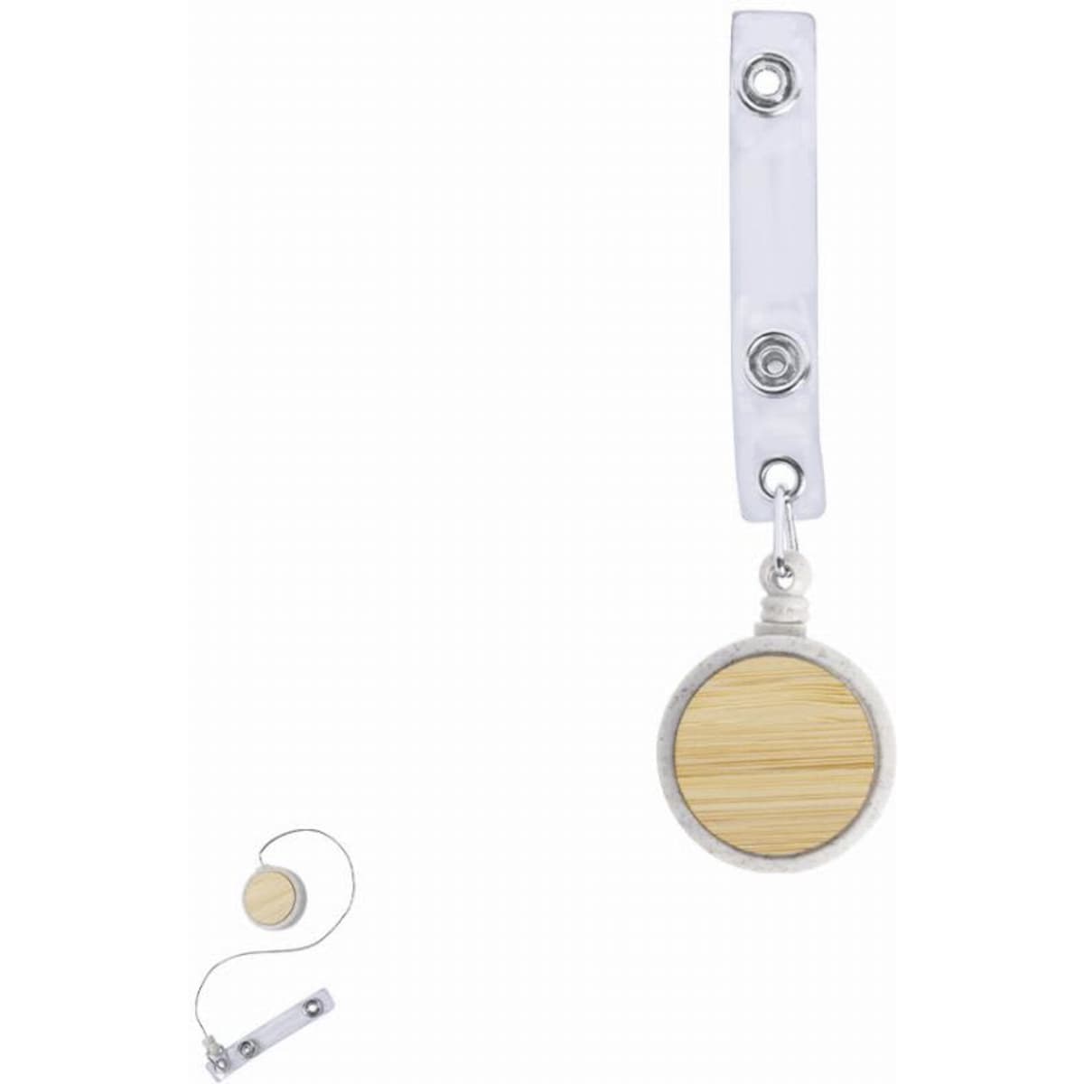 A badge holder with a silver clip and a circular wooden reel, featuring a pull-out cord design.