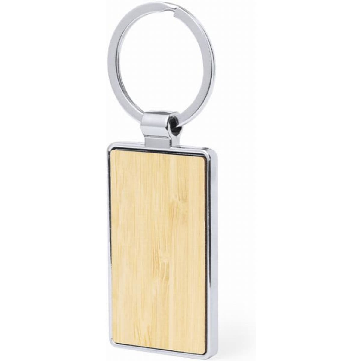 A keychain with a rectangular bamboo wood panel and a shiny silver ring.