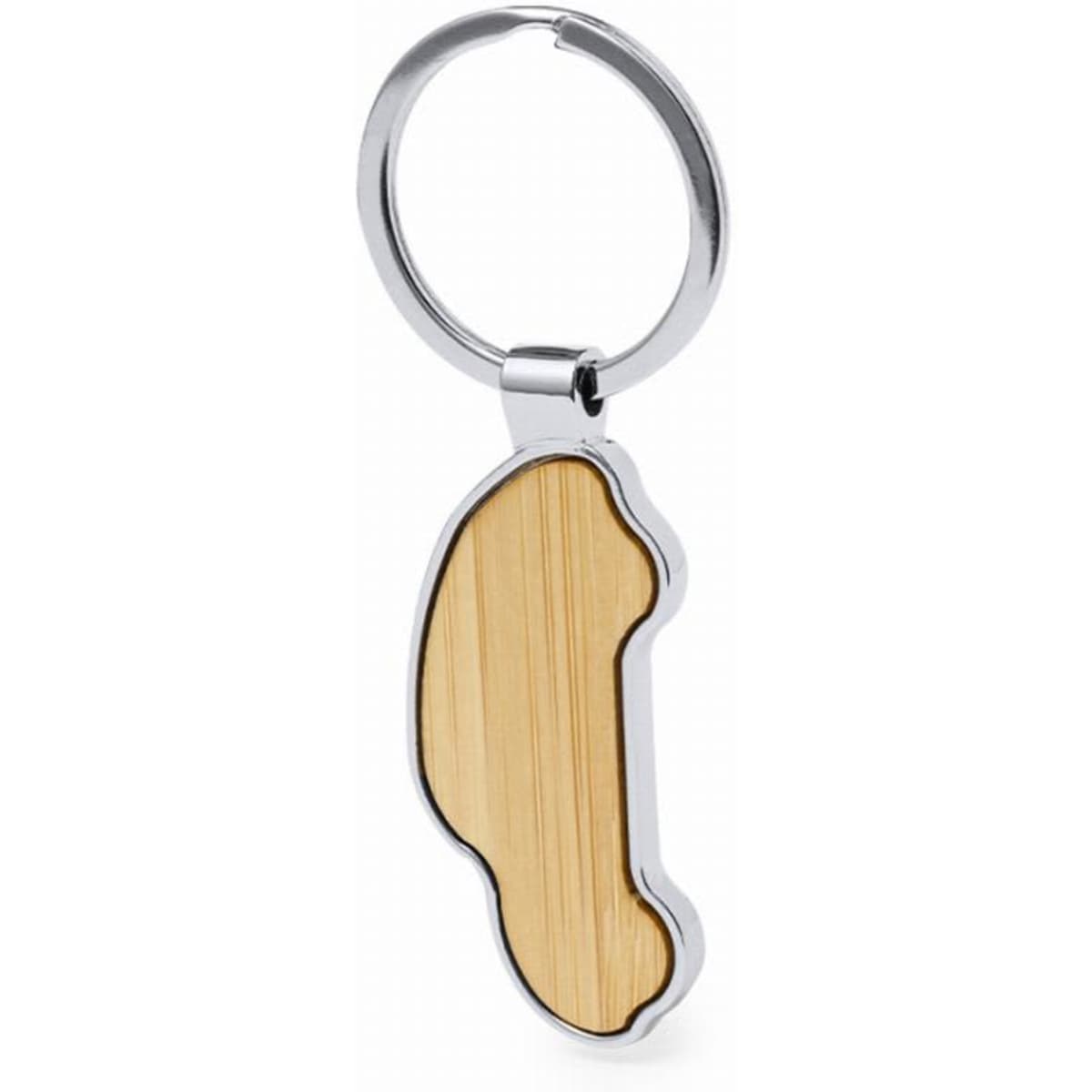 A keyring featuring a wooden key shape with a chrome border and a circular attachment.