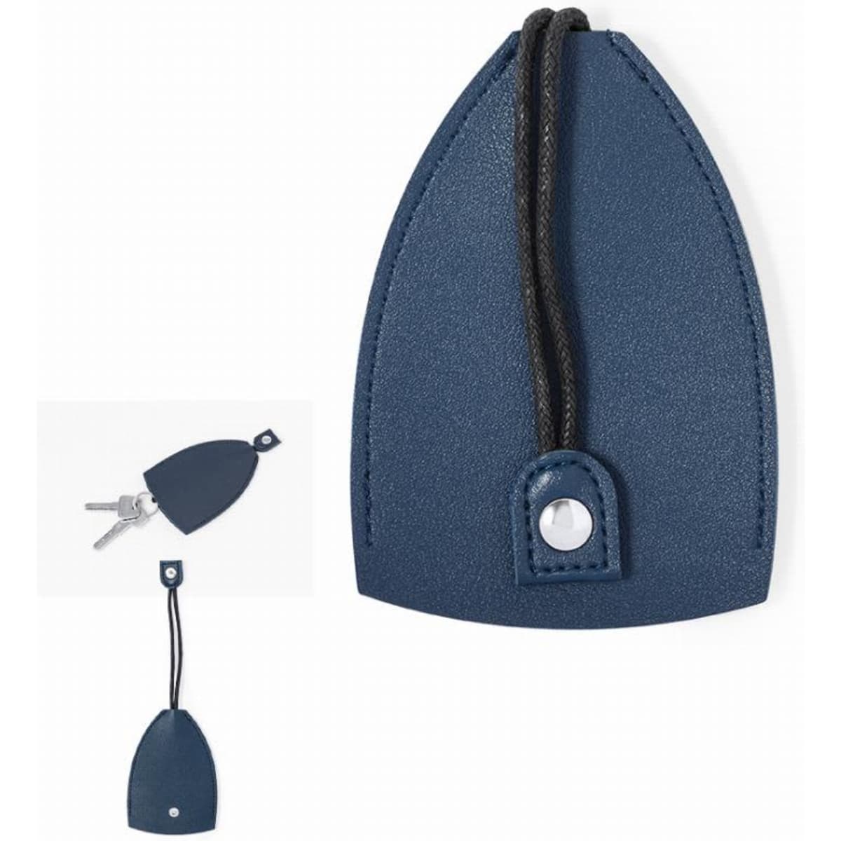 A navy blue key holder made of textured material with a black cord for securing keys. Features a snap button closure.