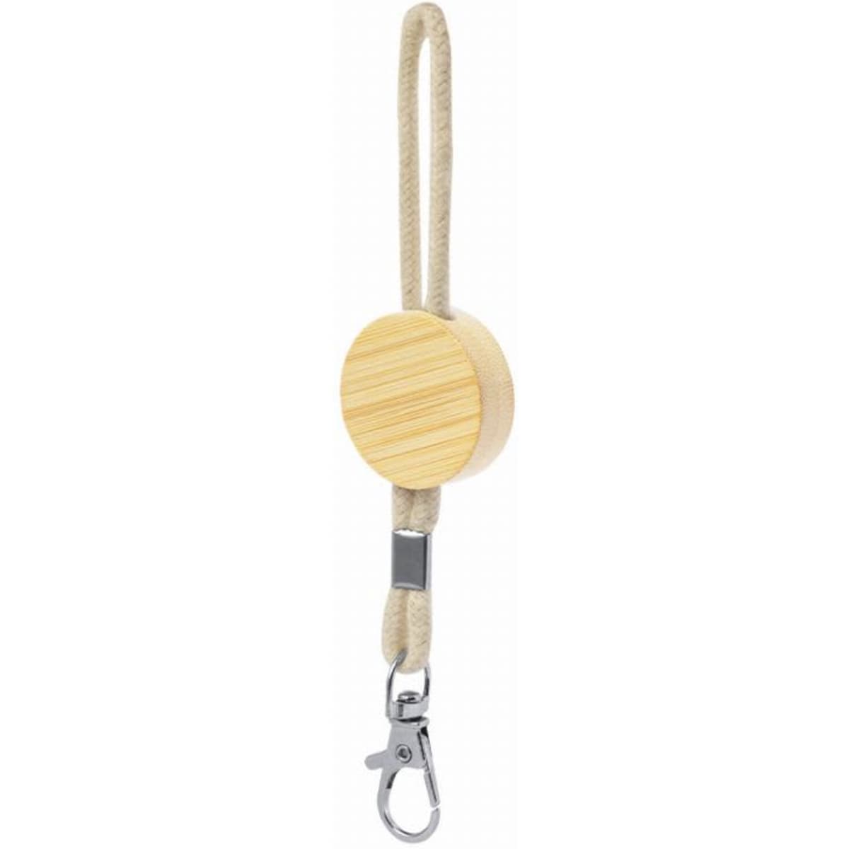 A wooden key holder with a round disc and a metal clasp, featuring natural wood tones and a woven cord.