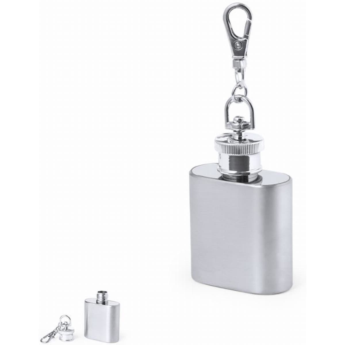 A drink bottle in a silver metal finish with a cap and a keychain clip, accompanied by a small attachment.