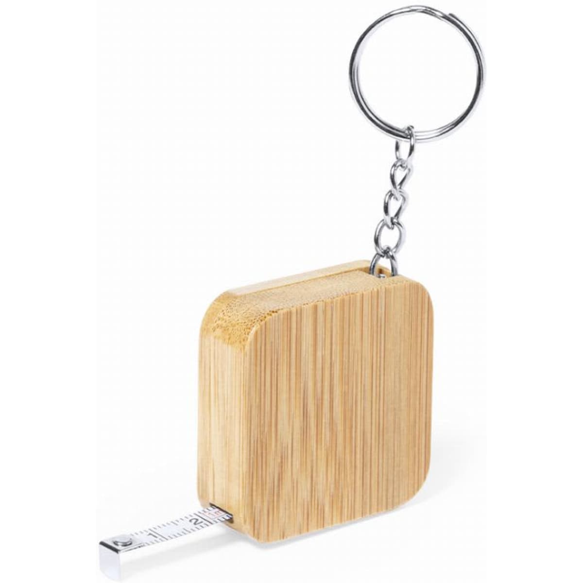 A tape measure keychain is made of bamboo, featuring a silver measuring tape that extends from the wooden case.