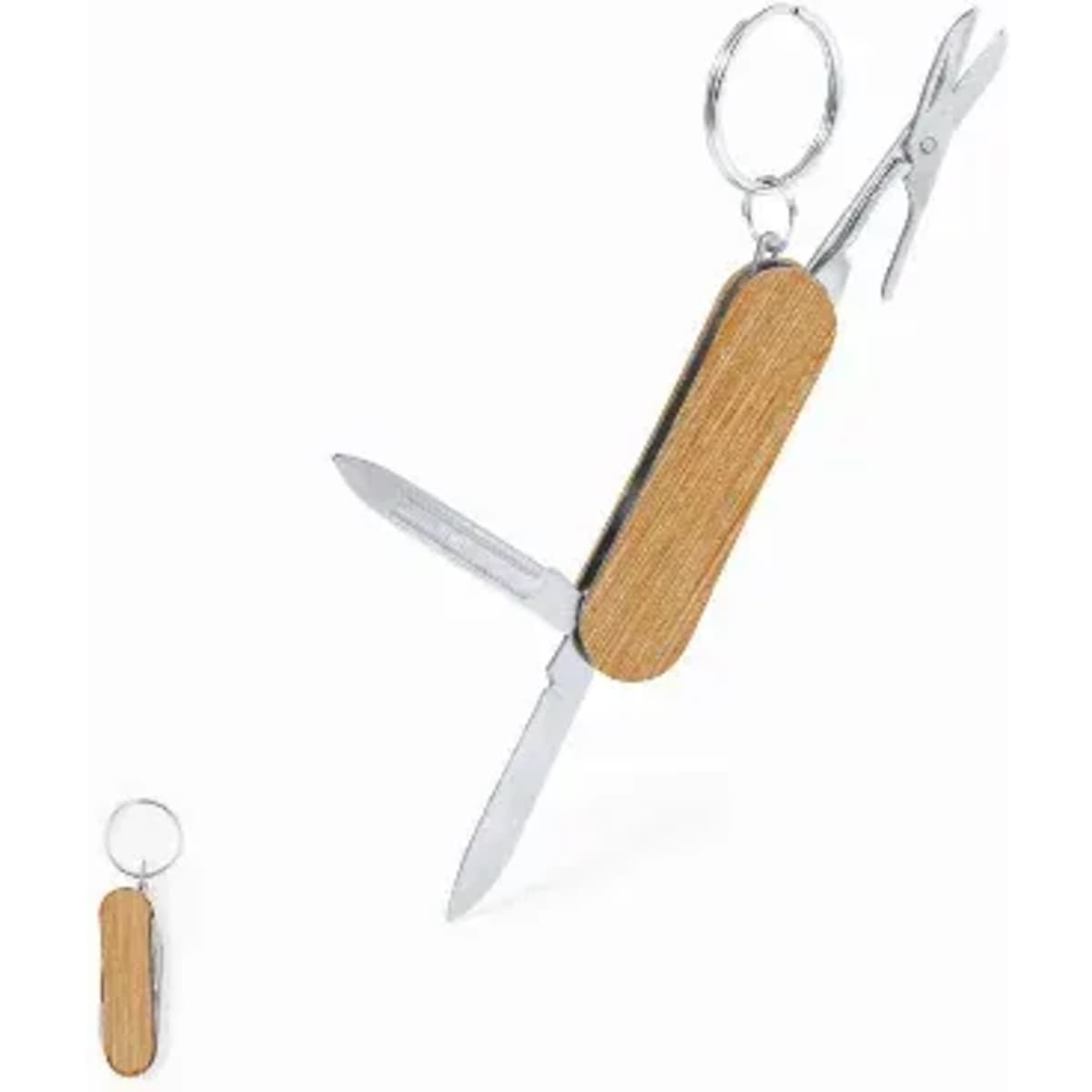 A multi-tool with a wooden handle featuring scissors, a knife, and a keyring attachment.