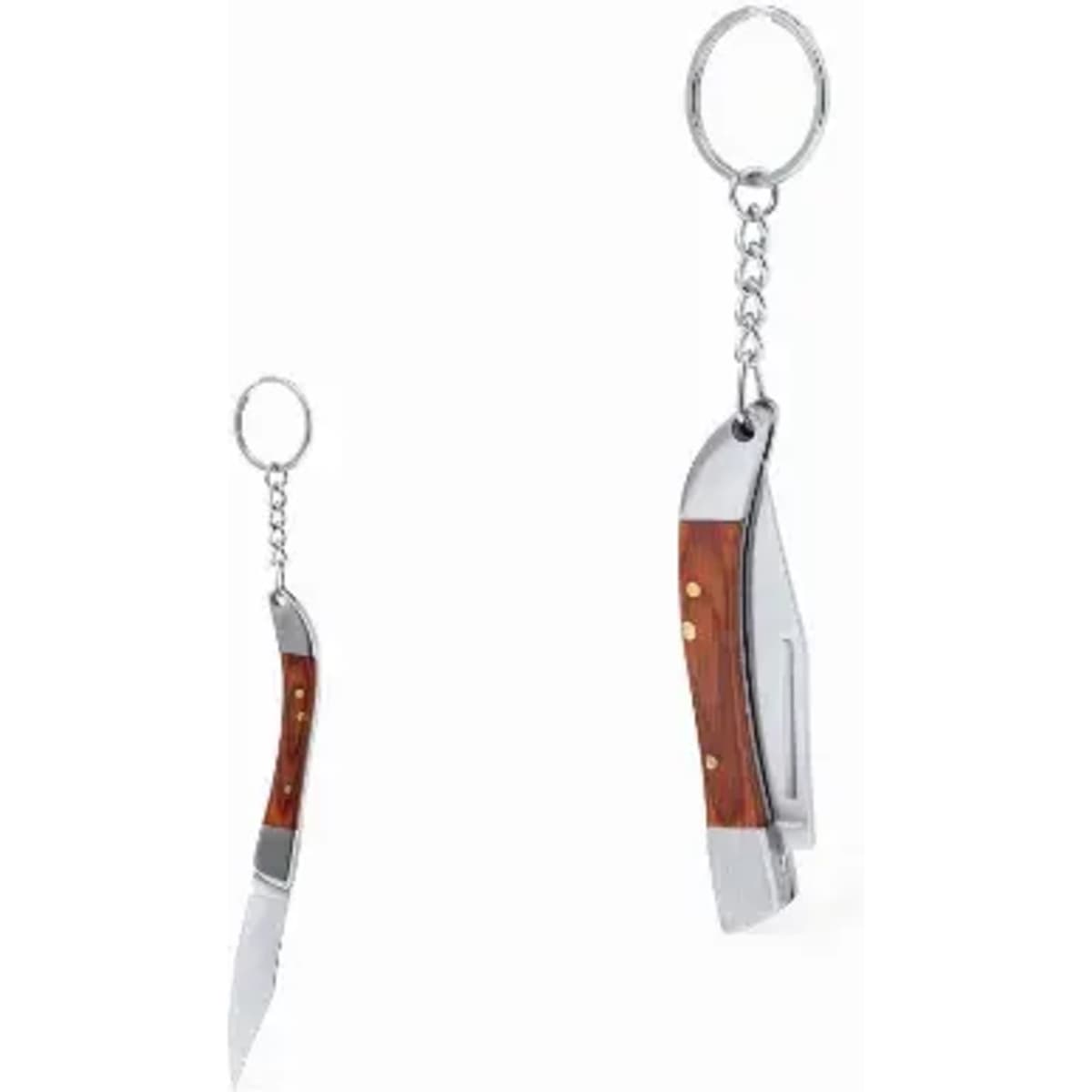 A keychain featuring a silver-coloured knife design with a wooden handle. It has a metal ring for attachment.
