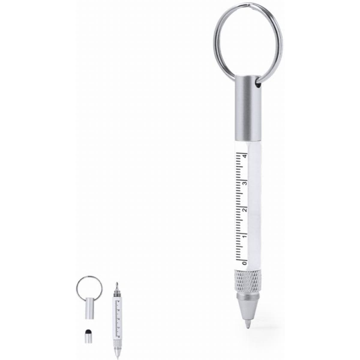 A keychain pen with a white body and silver accents, featuring a measurement scale on the side.