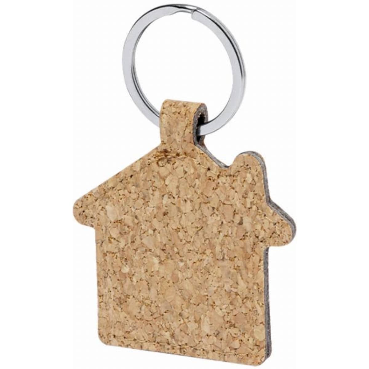A keyring styled as a house made of cork, with a silver metal keyring attachment.