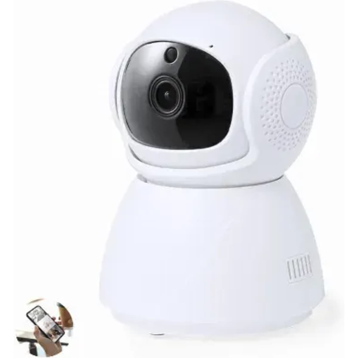 A white security camera with a rounded dome shape and a base, featuring a black lens and a textured speaker area.