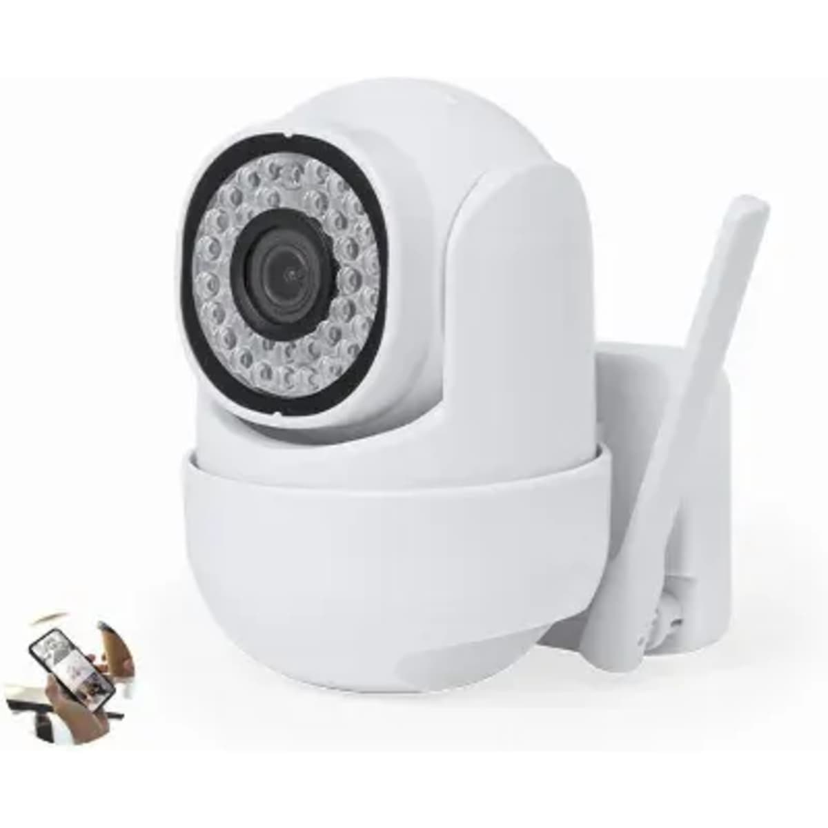 A white security camera with night vision capabilities and a small antenna. Features a circular lens and LED lights.