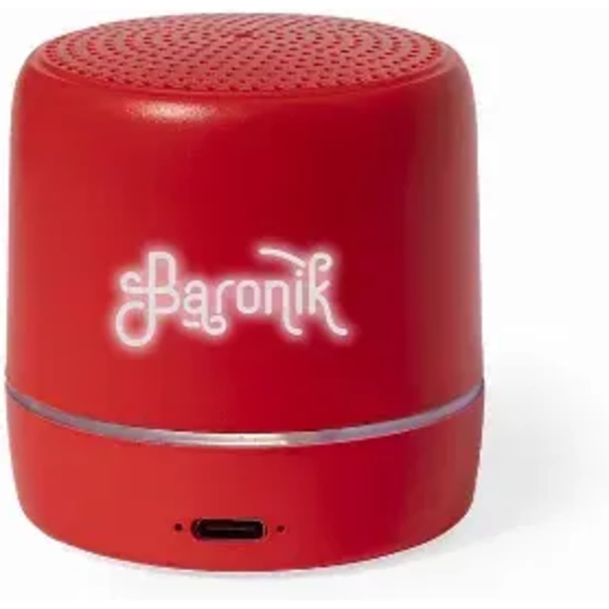 A red portable speaker with a perforated top, featuring a branding logo and a charging port at the base.