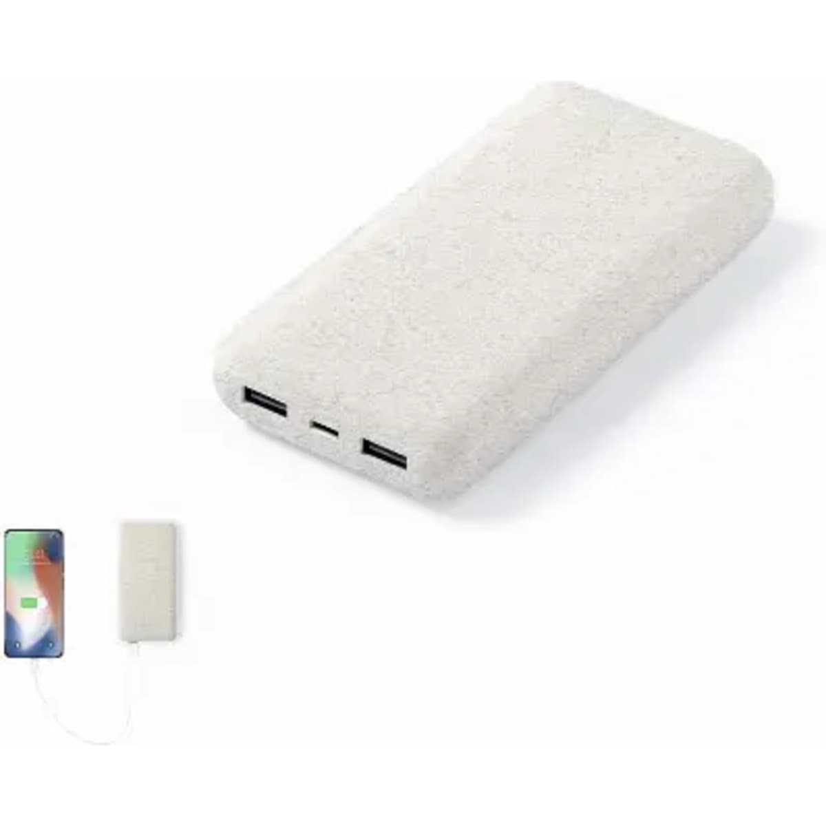 A power bank in a light grey colour with two USB ports and a sleek rectangular design.