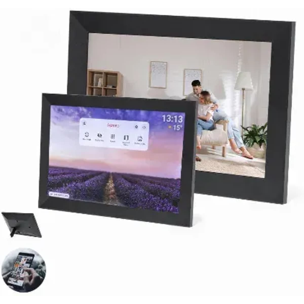 A digital photo frame in black, displaying images with a modern design and a support stand.