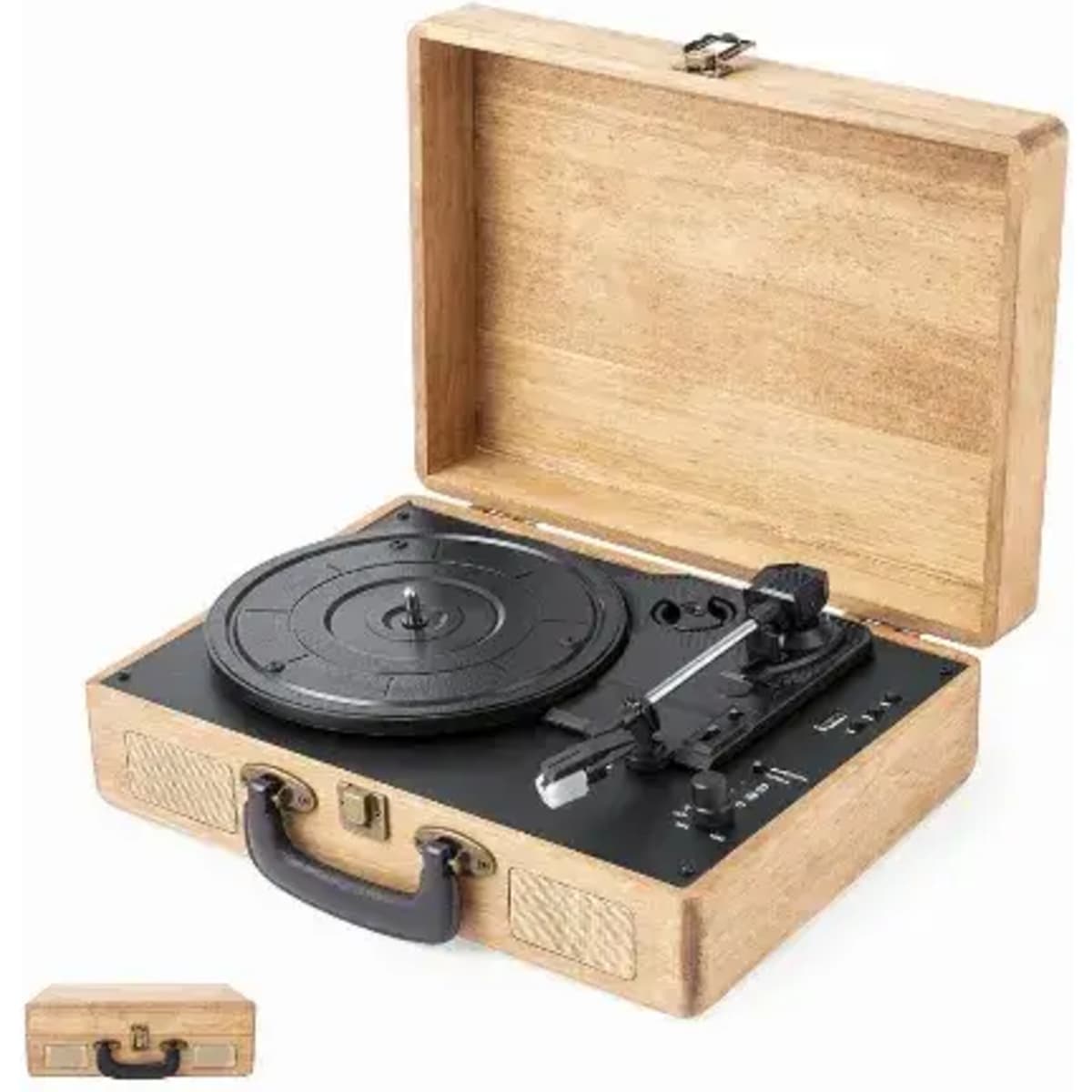 A portable wooden record player with an open lid, featuring a black turntable and controls.