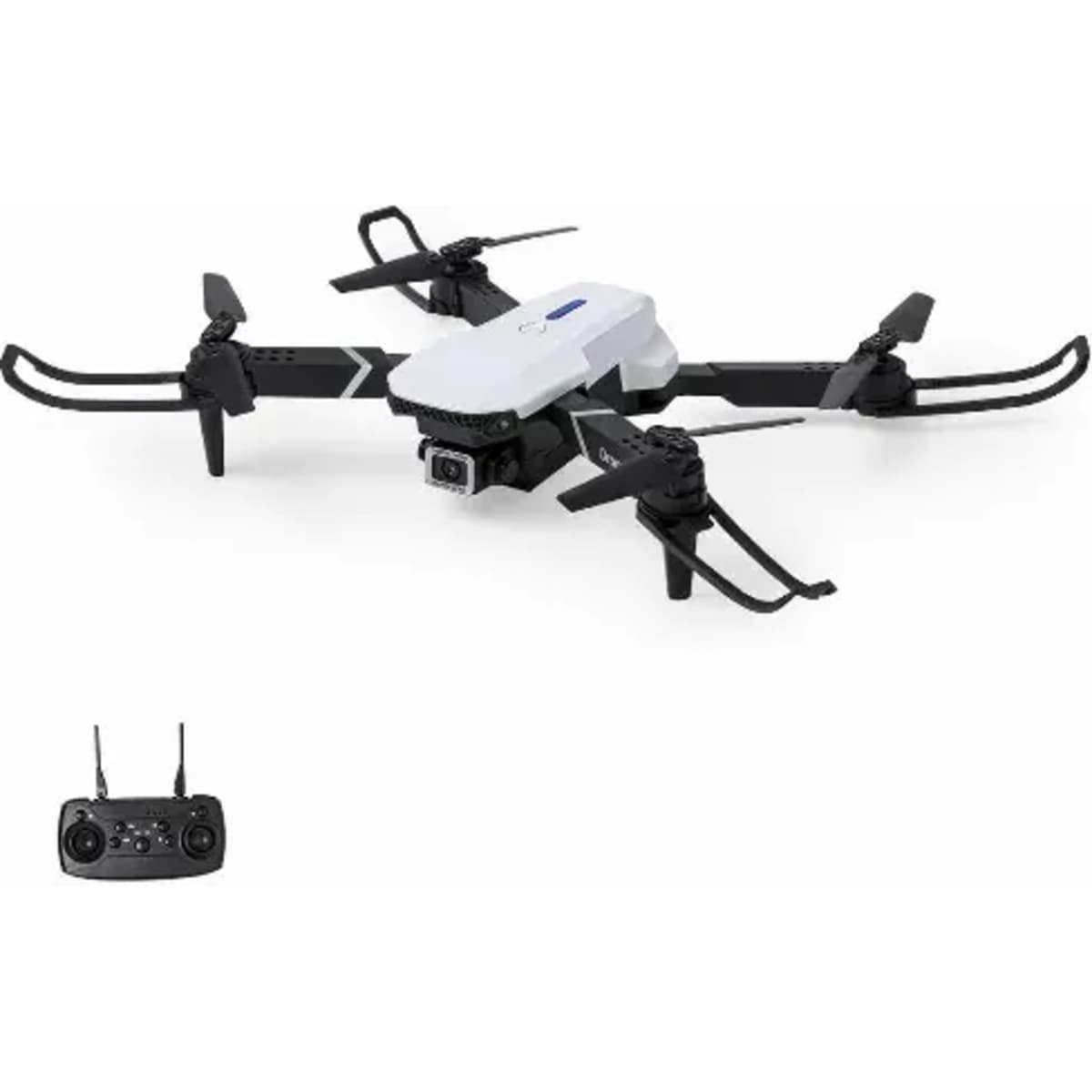 A drone with a white and black design, accompanied by a remote control. The drone features four propellers and a camera.