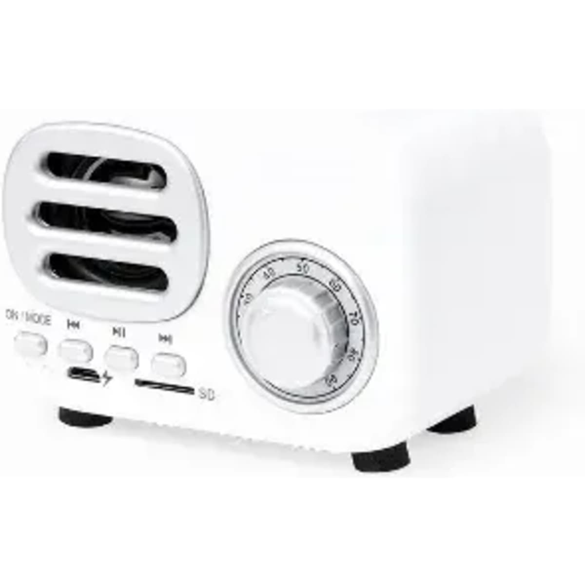 A white, compact audio speaker with a knob, control switches, and a vented design on the front.
