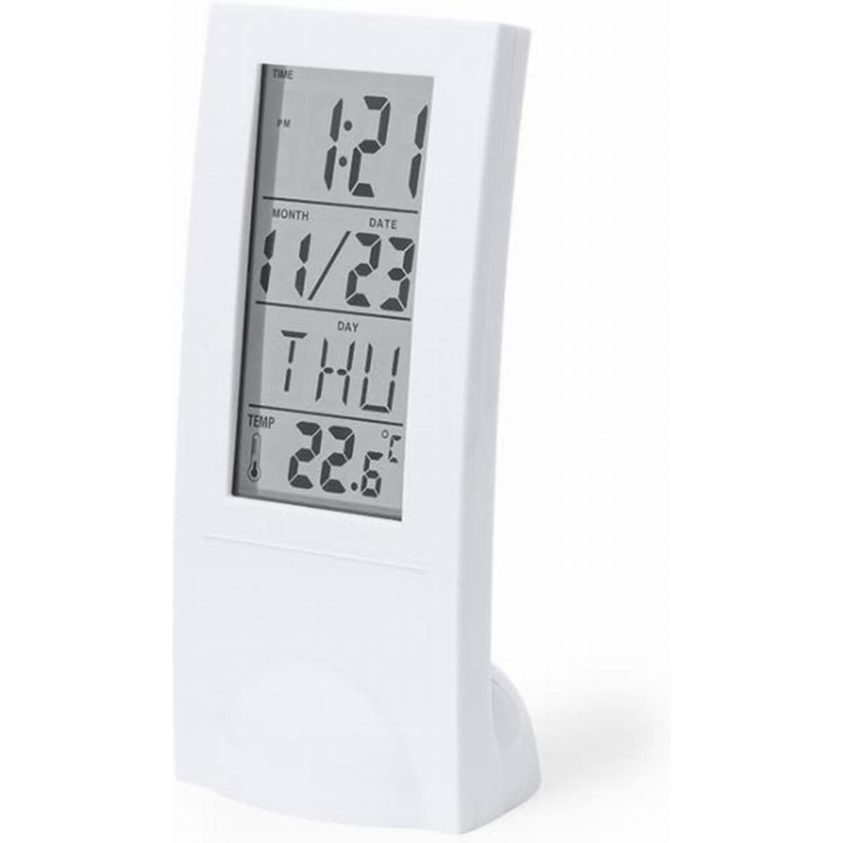 A digital clock and weather display in white featuring time, date, and temperature readings.