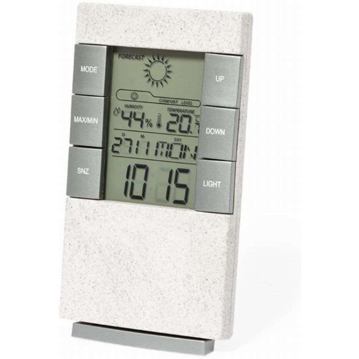 A digital weather station in a light grey and silver design, displaying temperature, humidity, and time.