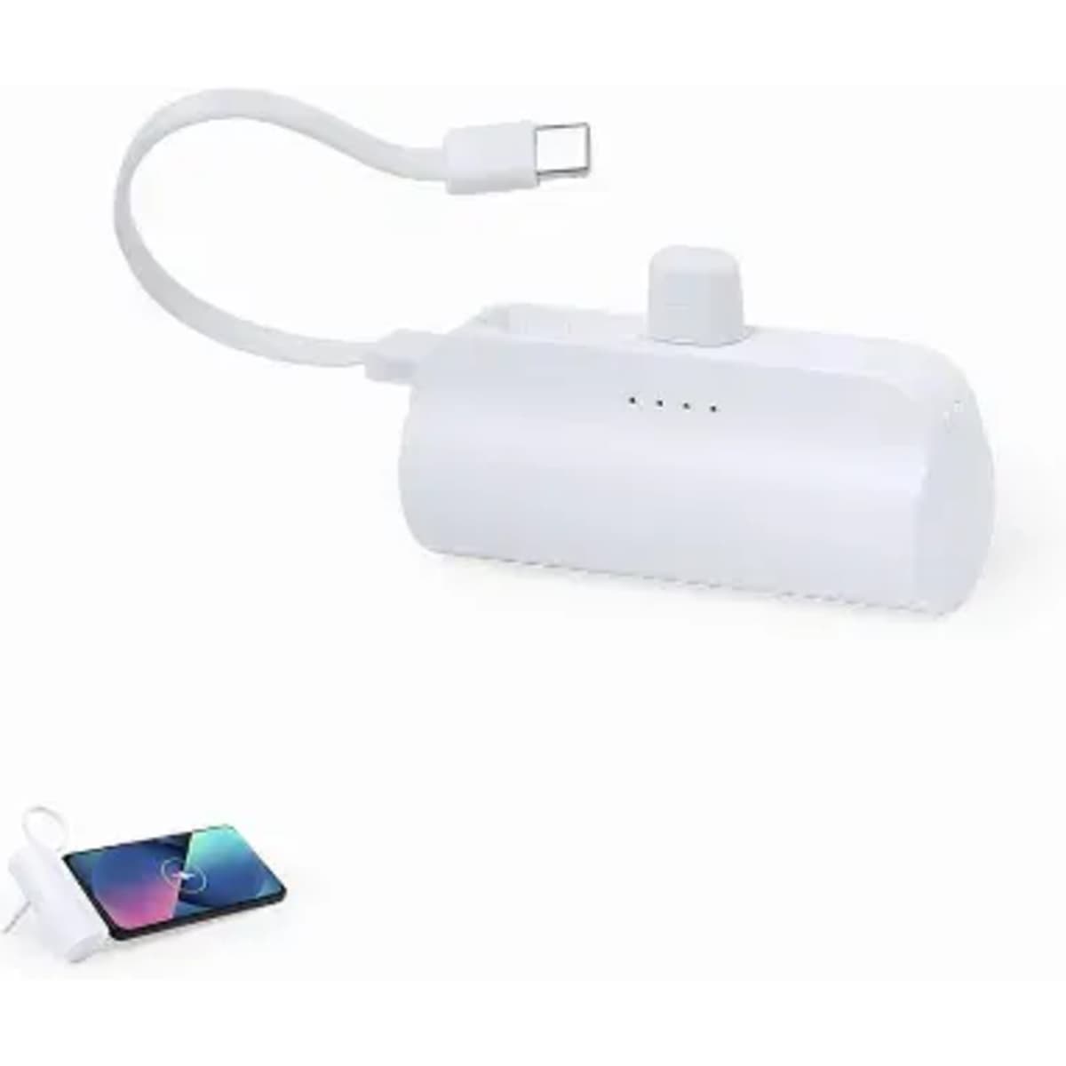 A portable white charging power bank with a USB-C cable and indicator lights, featuring a logo on the side.