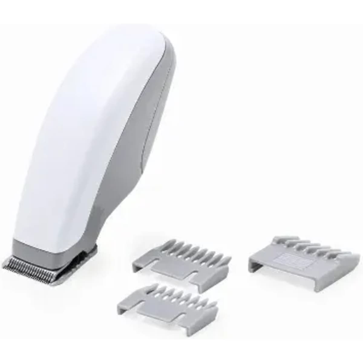 A hair clipper in white with two grey cutting guides displayed alongside it. The clipper has a sleek design.