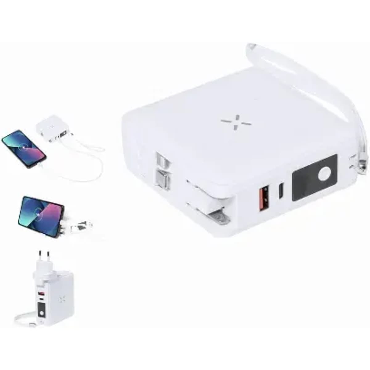 A white portable charger with multiple ports, featuring a handle and connected devices including mobile phones and a power adapter.