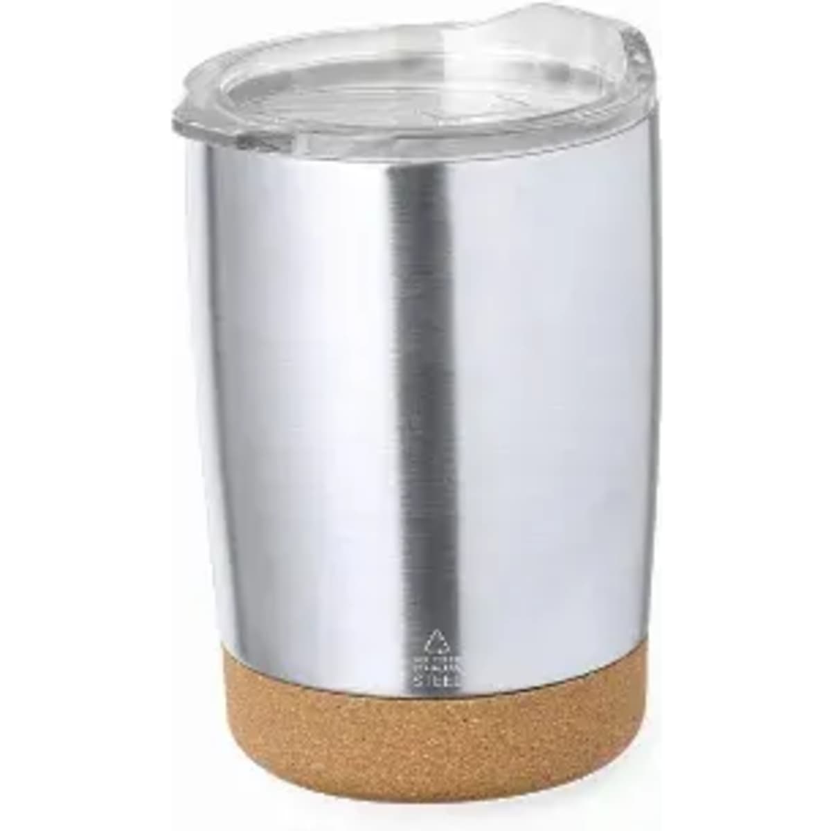 A drink bottle in silver with a cork base and a clear lid, featuring a branding logo.