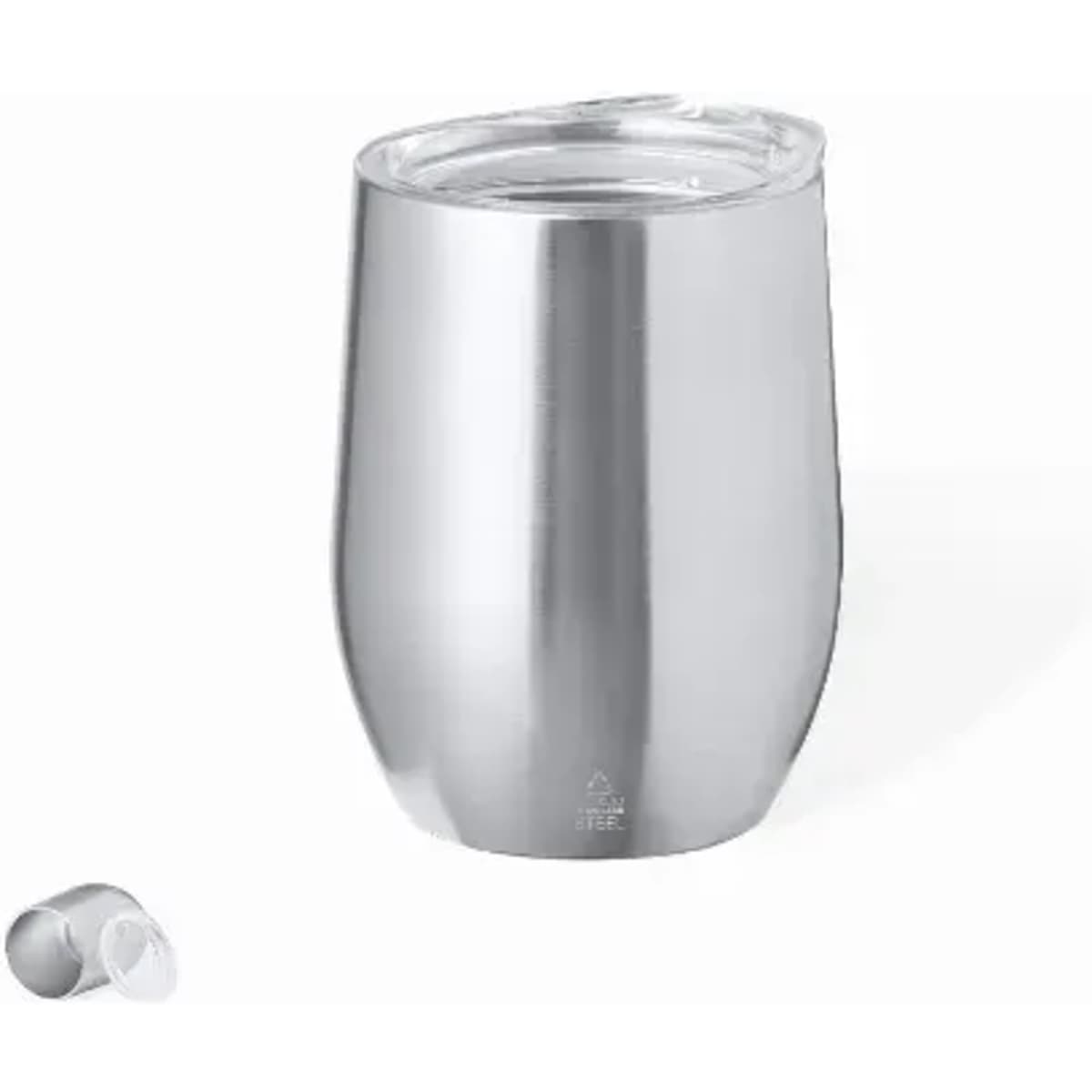A drink bottle in brushed stainless steel with a clear lid and a separate cap.