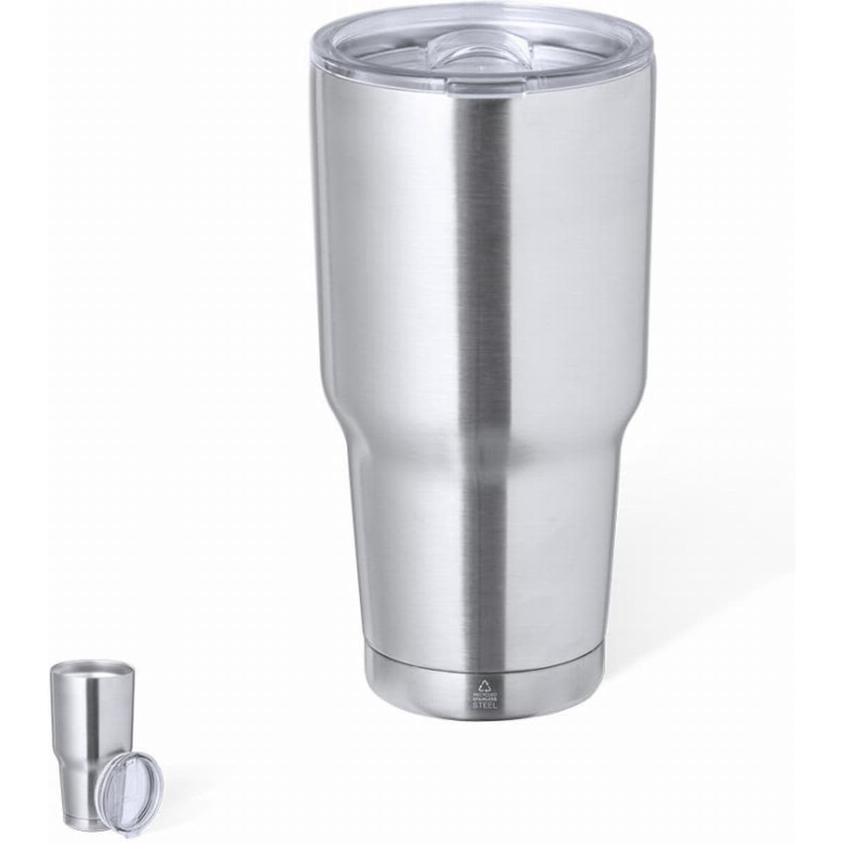 A drink bottle in polished silver stainless steel with a clear lid and cup beside it.