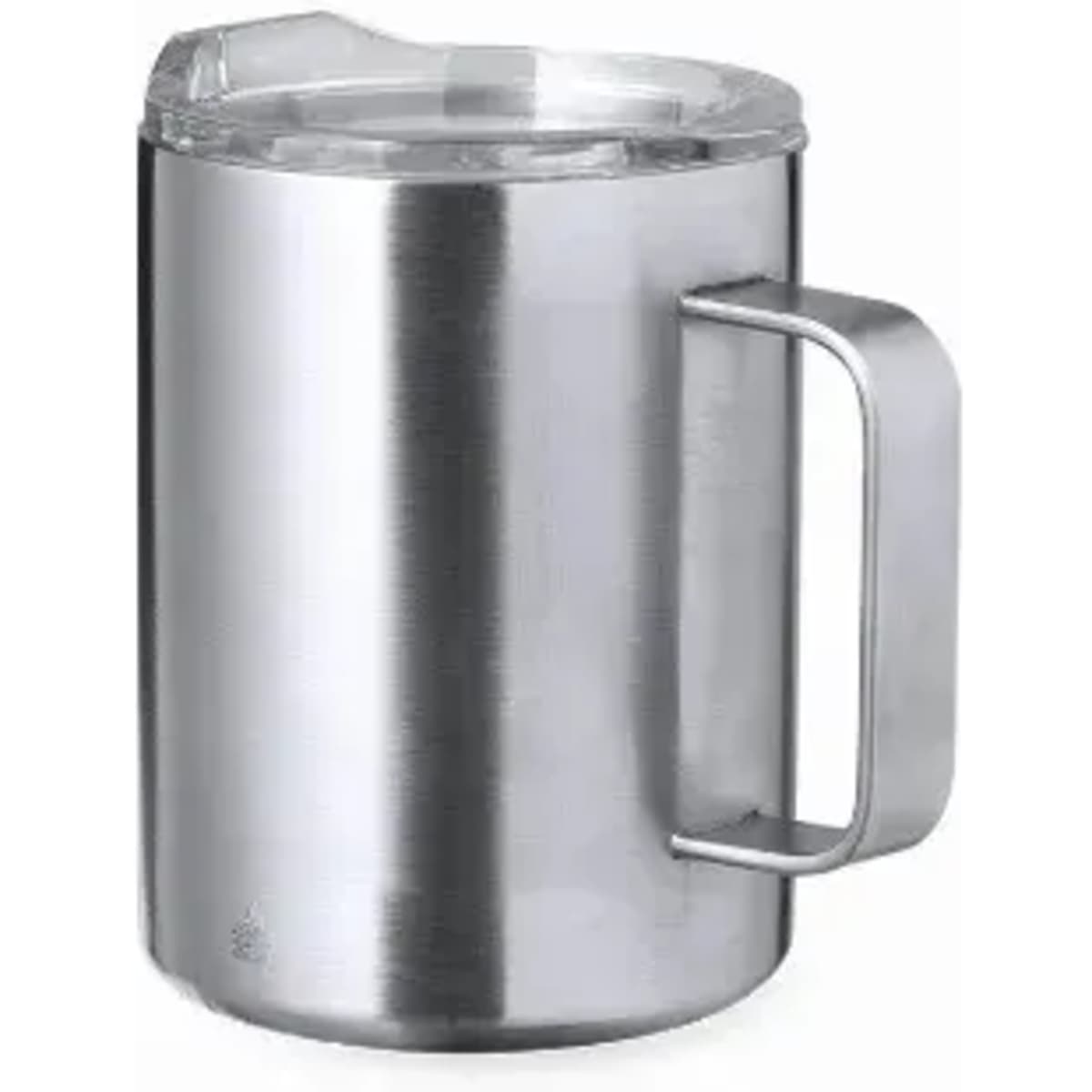 A stainless steel drink bottle with a clear lid and a sturdy handle. The surface has a smooth, polished finish.